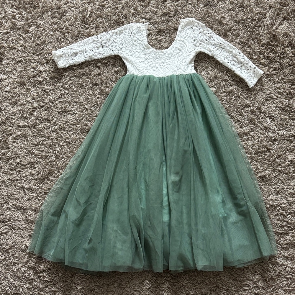 Elegant White and Green Lace Kids Dress